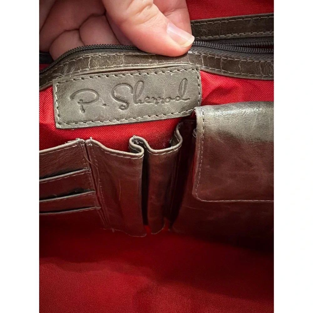 P Sherrod‎ Leather Tote Bag Gray Pebbled Top Zip Work Laptop Office